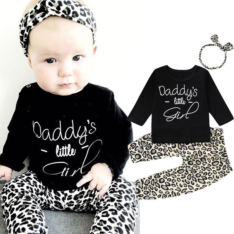 3Pcs Toddler Baby Girls' Set Daddy Little Girl Print T shirt Leopard Pant with Headband Set For Baby Girl Autumn Spring Clothing