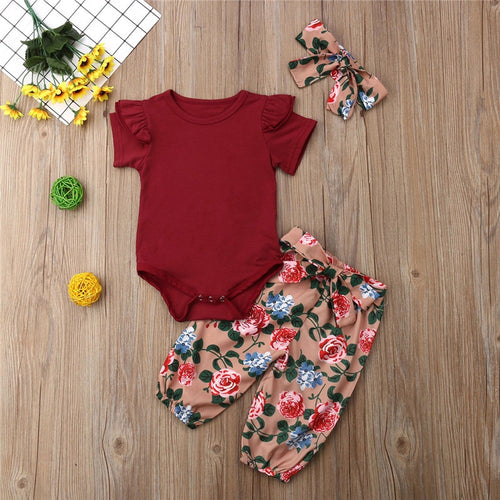 Fashion Newborn Baby Girls' Clothing Sets Suits Short Sleeve Solid Romper Tops Floral Pants Outfits Set Clothes 0-18M