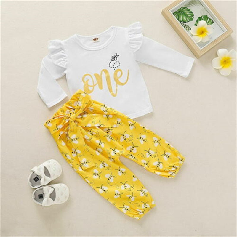 US Toddler Newborn Baby Girl Clothes White Tops With Roung Neck Yellow Bees Patterned Pants Outfits Baby Girls' Clothing