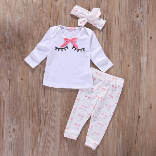 Newborn Baby girls suit girls' Eyelashes printed T-Shirt+ Pants+Headband  baby girl 3 pieces suit Infant girls clothing outfits