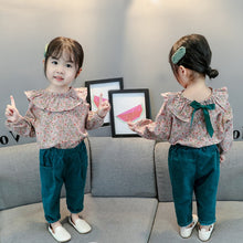 Load image into Gallery viewer, New Girls' Spring Autumn Two Piece Autumn Long Sleeve Shirt Turndown Bow Shirt Pant Trouser Kids Children Clothing Suit Gift Set