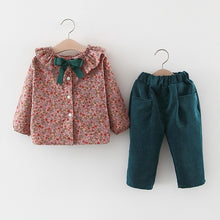 Load image into Gallery viewer, New Girls' Spring Autumn Two Piece Autumn Long Sleeve Shirt Turndown Bow Shirt Pant Trouser Kids Children Clothing Suit Gift Set