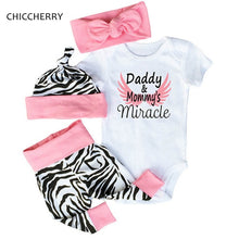 Load image into Gallery viewer, Daddy &amp; Mommy Miracle Short Sleeve Bodysuit Zebra Pants Headband Cap 4PCS Baby Girl Summer Clothes Sets Infant Clothing, 6-24M