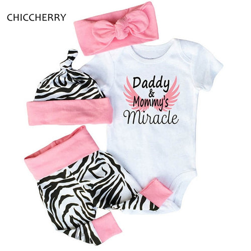 Daddy & Mommy Miracle Short Sleeve Bodysuit Zebra Pants Headband Cap 4PCS Baby Girl Summer Clothes Sets Infant Clothing, 6-24M