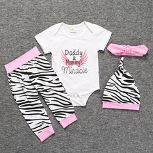 Load image into Gallery viewer, Daddy &amp; Mommy Miracle Short Sleeve Bodysuit Zebra Pants Headband Cap 4PCS Baby Girl Summer Clothes Sets Infant Clothing, 6-24M