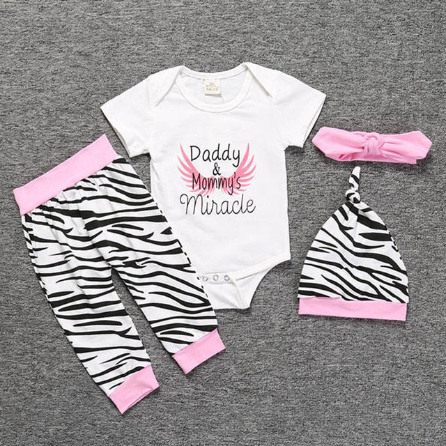 Daddy & Mommy Miracle Short Sleeve Bodysuit Zebra Pants Headband Cap 4PCS Baby Girl Summer Clothes Sets Infant Clothing, 6-24M