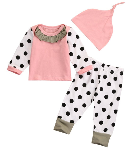 Hot Sell Baby Clothes Cute Baby Girls' Clothing Set Long Sleeve Polka Dot Pants T-shirt Hat Pants Outfits Set Casual Clothes